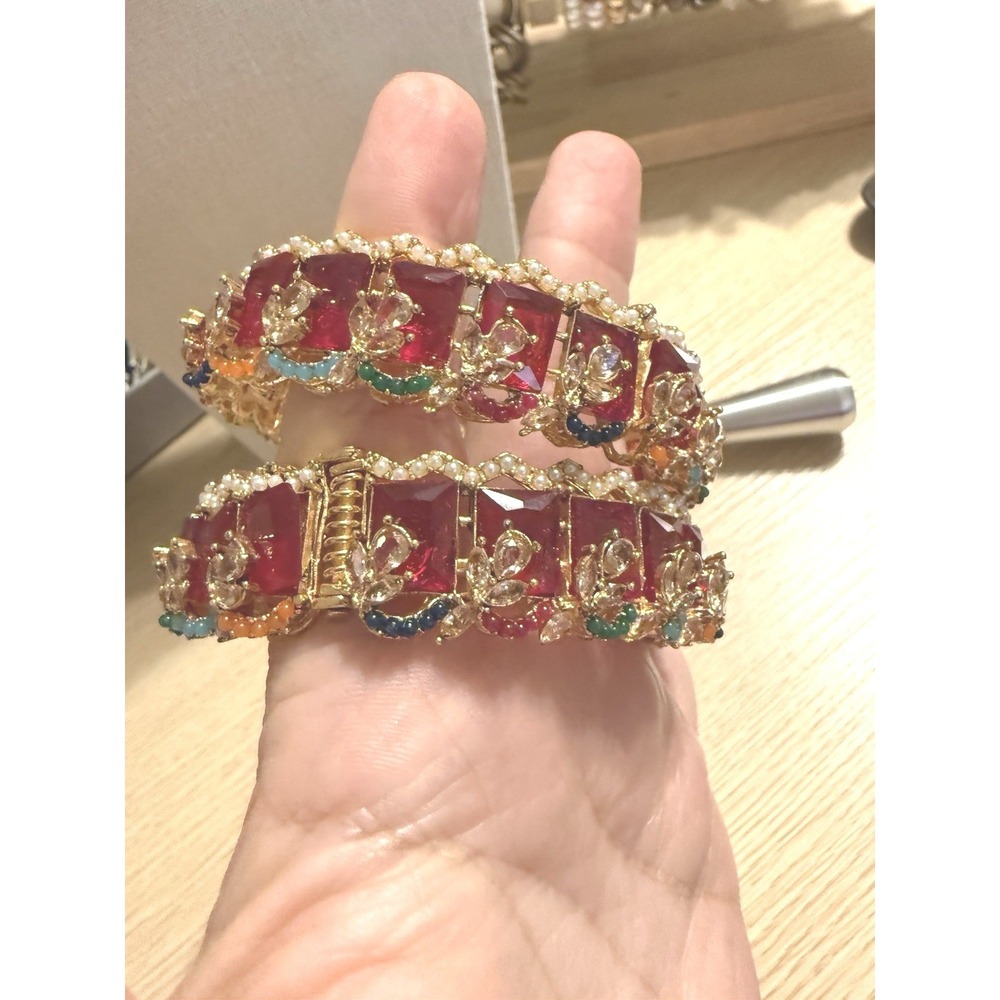 Red Crystal Gold Tone Indian Bangle Bracelets Set of 2 Pearl Accents 2.4 Inch